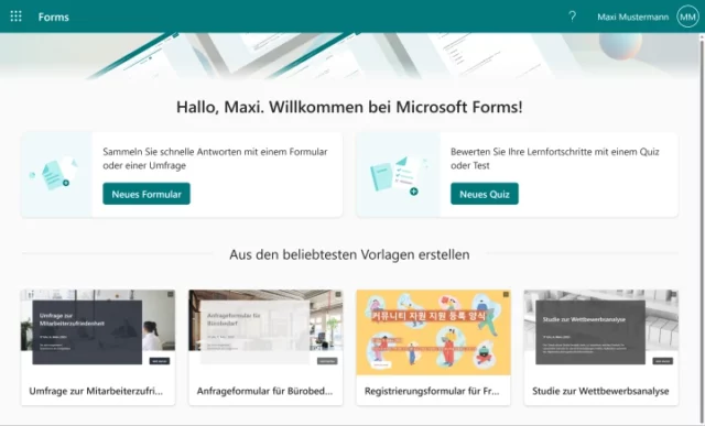 Startseite von Microsoft Forms