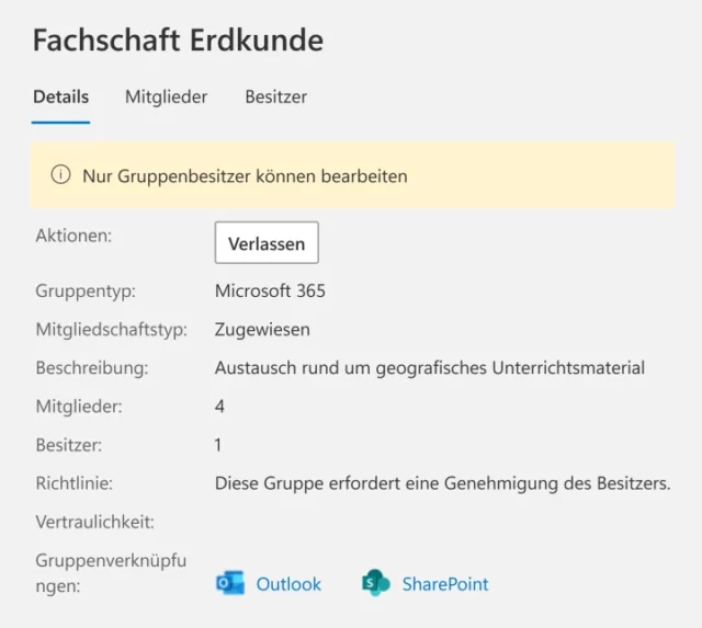 Infos zur Gruppe mit Verknüpfung zu SharePoint