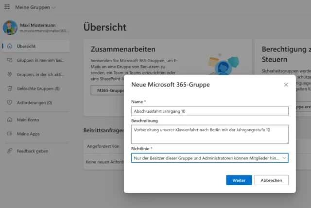 Neue Microsoft 365-Gruppe erstellen