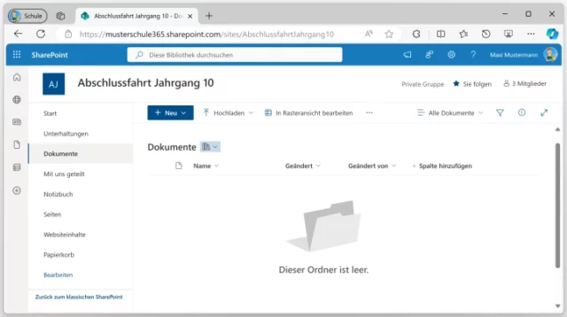 leerer Dateiordner zur neuen Gruppe in SharePoint