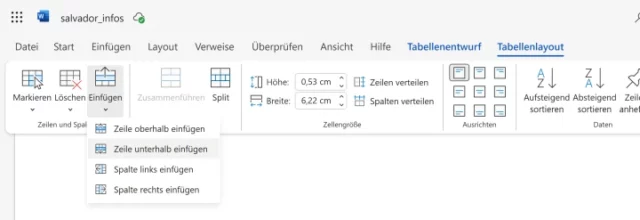 Einstellungen für Tabellen im Menüband