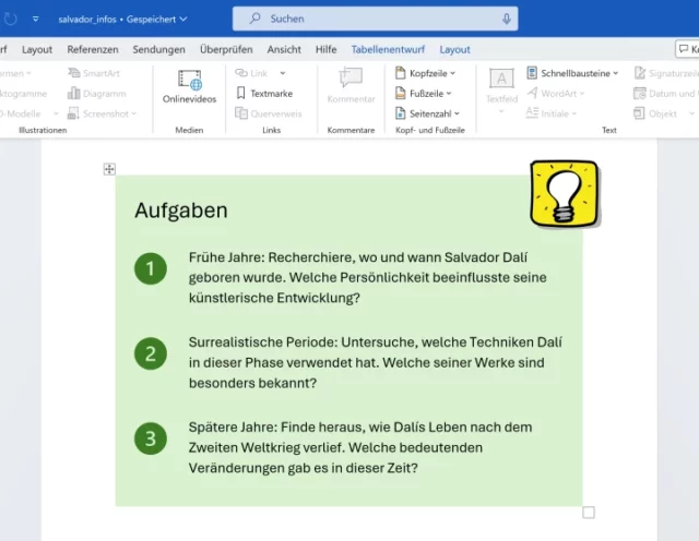 gestaltete Aufgaben-Box in Microsoft Word