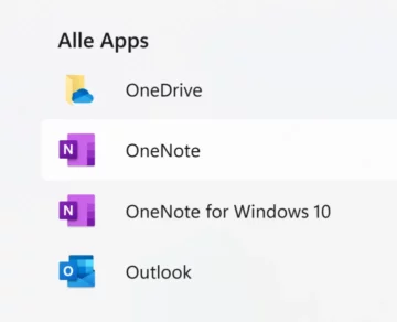 OneNote im Startmenü von Windows 11