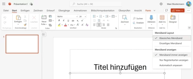 Klassisches Menüband in PowerPoint Online