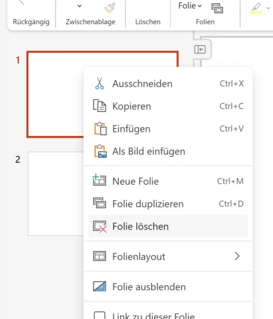 Kontextmenü für Präsentationsfolien in PowerPoint Online