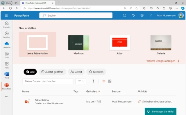 Startseite von PowerPoint Online im Browser