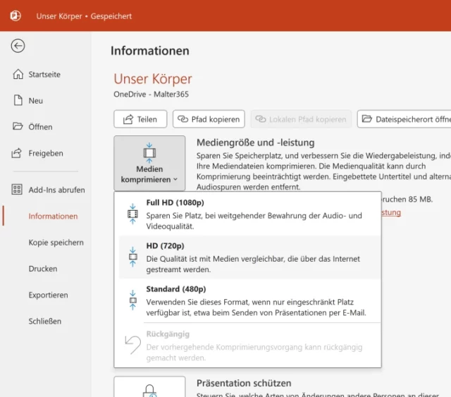 Medien komprimieren in PowerPoint für Windows