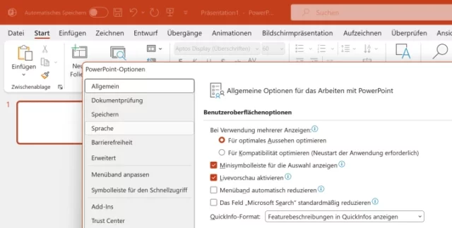 Optionen in PowerPoint für Windows