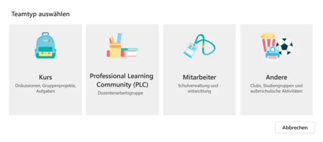 Teamtyp auswählen in »Microsoft Teams for Education«