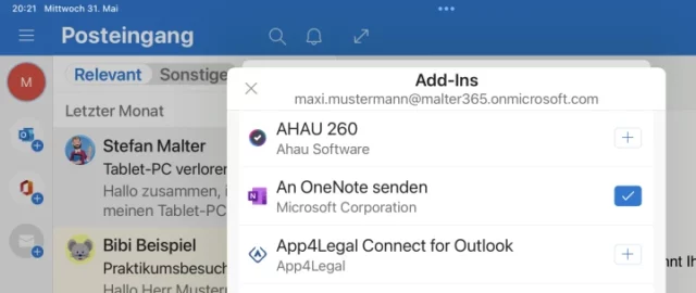 Add-In aktivieren in Outlook für iPad