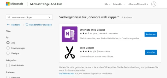 »OneNote Web Clipper« als Add-On für Microsoft Edge