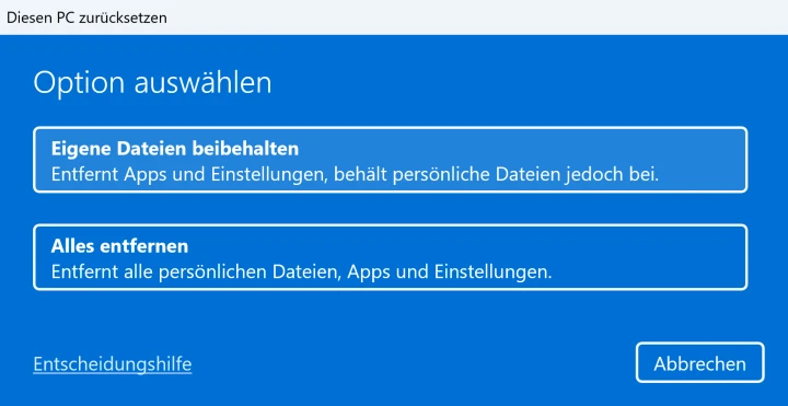 Optionen beim Zurücksetzen von Windows 11