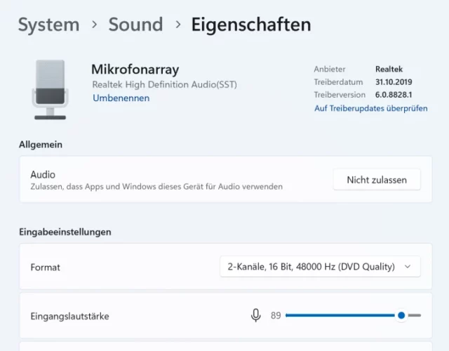 Eigenschaften für Mikrofone in Windows 11