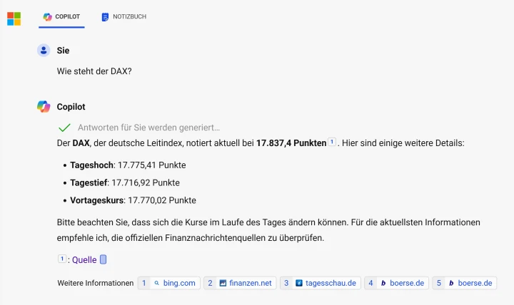 Screenshot von Microsoft Copilot mit Links als Quellenangabe zur Frage, was ein Lehrer in Hessen verdient