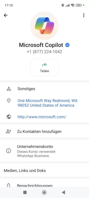 Microsoft Copilot als Kontakt in WhatsApp