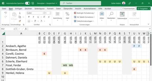 Dienstplan in Microsoft Excel