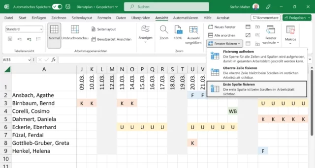 Erste Spalte fixieren in Microsoft Excel