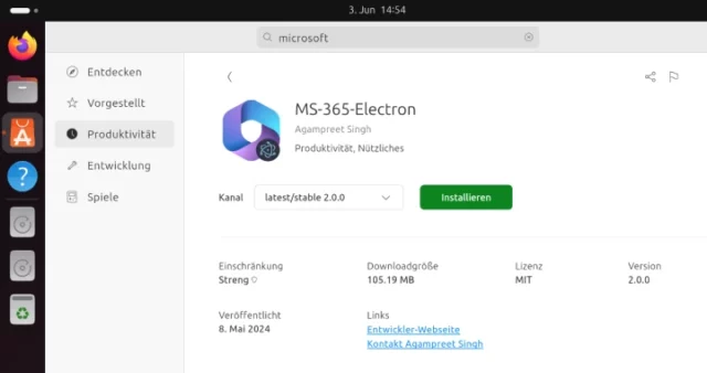Microsoft 365 herunterladen in der Anwendungsverwaltung von Ubuntu
