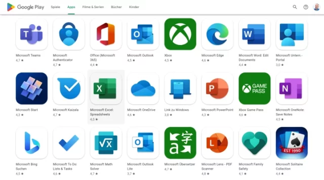 Microsoft-Apps bei Google Play