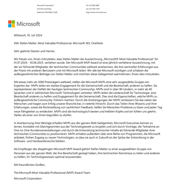 Microsoft MVP Award Recognition Letter