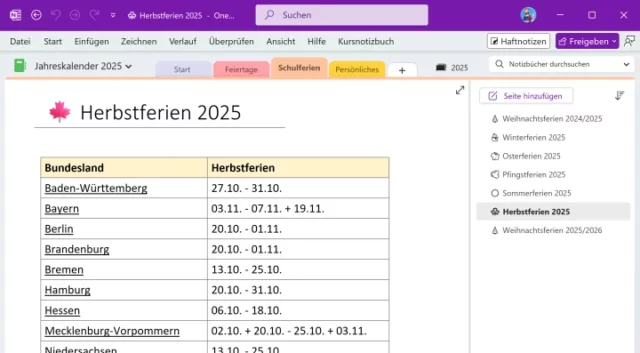 Schulferien 2025 im Jahreskalender für OneNote