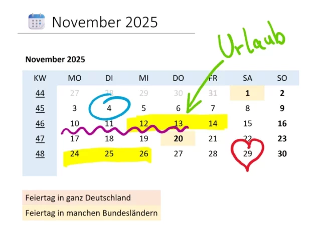 Monatskalender 2025 mit Markierungen