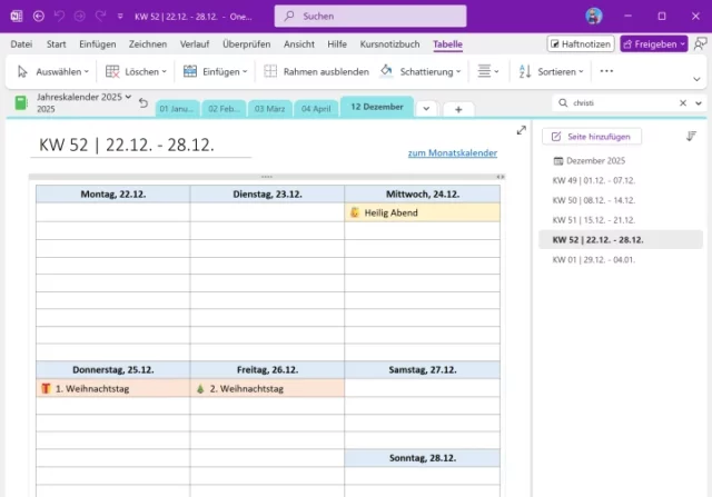 Tabelle für Kalender in OneNote