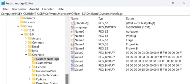 Kategorien in OneNote als Schlüssel in der Registry