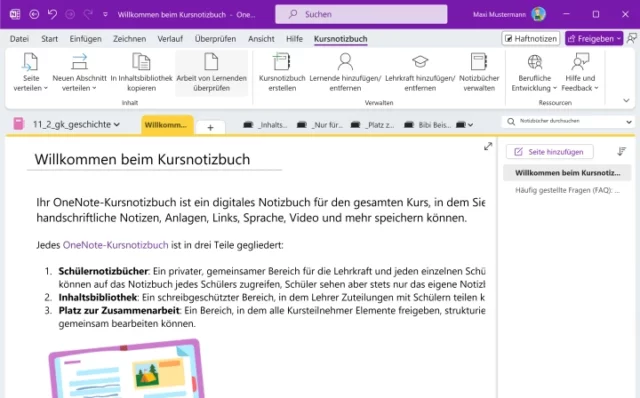 Screenshot von Microsoft OneNote mit aktivierter Registerkarte für Kursnotizbuch im Menüband
