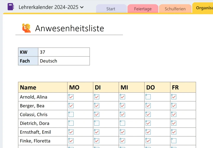 Screenshot von Lehrerkalender mit interaktiver Anwesenheitsliste in OneNote mit Namensliste und Kästchen zum Abhaken