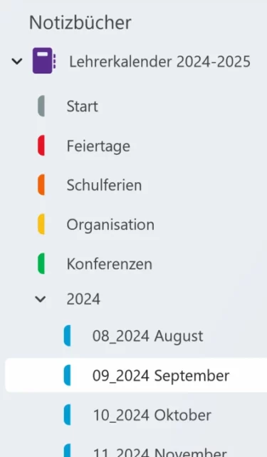 Screenshot von Microsoft OneNote für Windows: Notizbuch für Lehrerkalender mit farbigen Abschnitten
