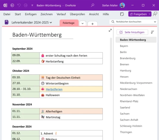 Screenshot von Microsoft OneNote für Windows mit geöffnetem Lehrerkalender: Notizbuchseite für Feiertage in Baden-Württemberg