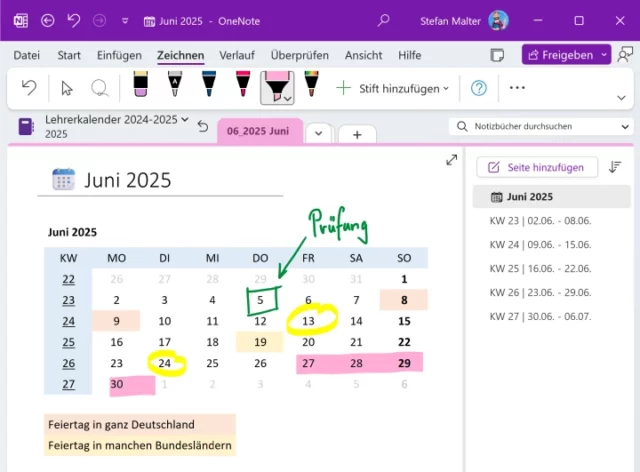 Screenshot von Microsoft OneNote für Windows mit geöffnetem Lehrerkalender und Monatsansicht für Juni 2025