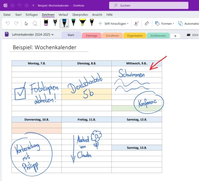 Screenshot von Microsoft OneNote für Windows: Wochenansicht im digitalen Lehrerkalender mit handschriftlichen Notizen