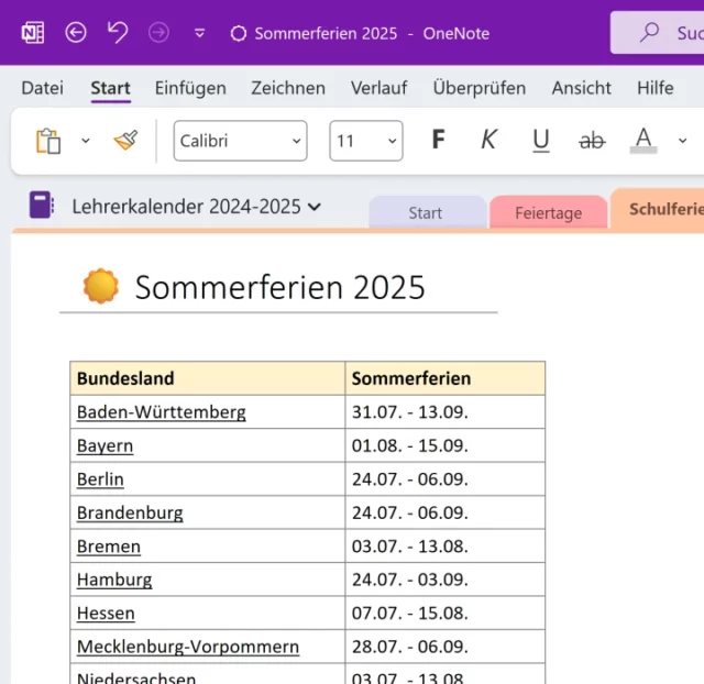 Screenshot von Microsoft OneNote für Windows: geöffneter Lehrerkalender mit Übersicht über Sommerferien in Deutschland