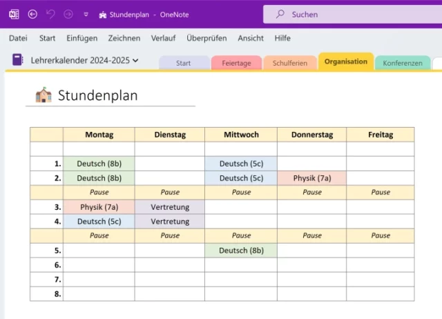 Screenshot von Microsoft OneNote mit geöffnetem Lehrerkalender: Notizbuchseite für Stundenplan