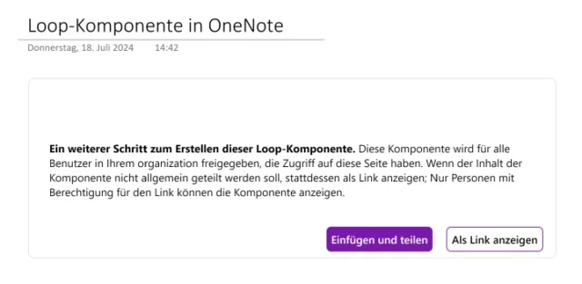 Hinweis in OneNote zur Loop-Komponente