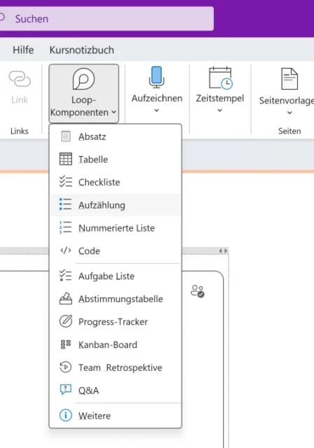 Auswahl von Loop-Komponenten im Menüband von OneNote