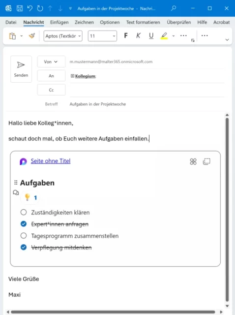 E-Mail in OneNote mit eingebetteter Loop-Komponente