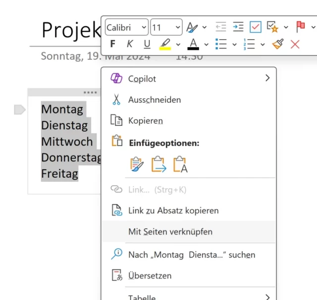 Screenshot von Microsoft OneNote für Windows: Seite verknüpfen im Kontextmenü
