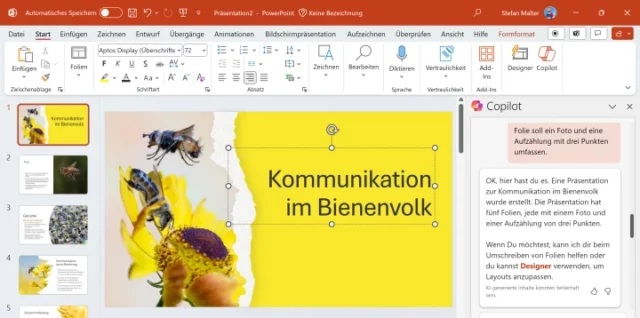 Screenshot von Microsoft PowerPoint mit KI-Assistenz Copilot in der Seitenleiste und generierter Präsentationsfolie zur Kommunikation im Bienenvolk