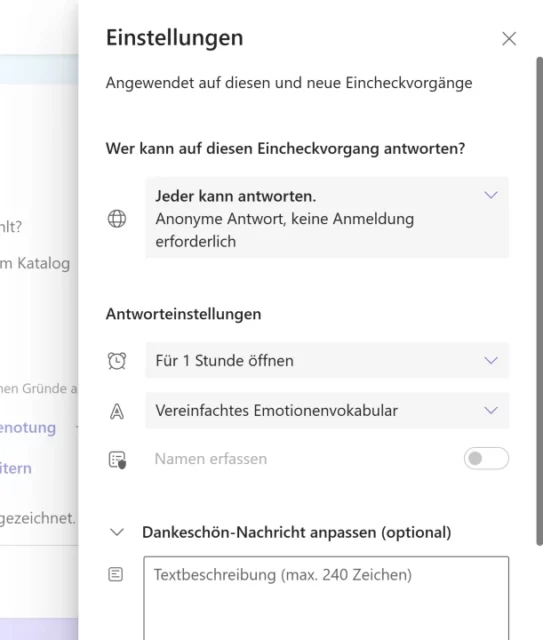 Einstellungen für Check-in mit Reflect