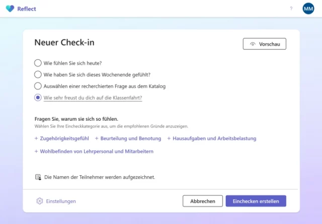 Benutzerdefinierte Frage für Check-in