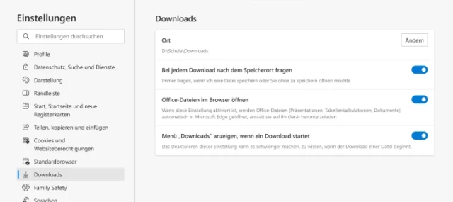 Einstellungen für Downloads in Microsoft Edge