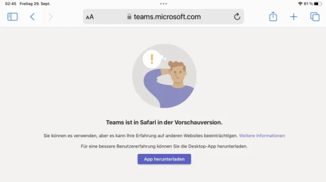 Hinweis zu Microsoft Teams im Browser Safari