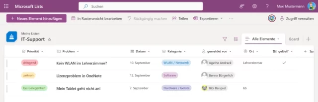 Beispieldaten für Ticketsystem in Microsoft Lists