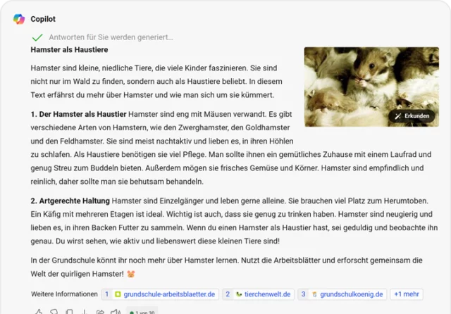 Screenshot von Microsoft Copilot: KI-generierter Lesetext für Schüler*innen über Hamster als Haustiere