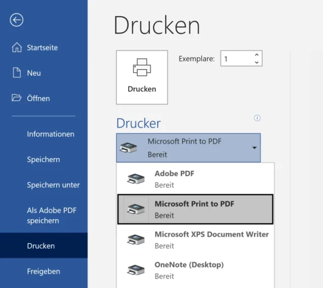 Virtueller Drucker: Microsoft Print to PDF